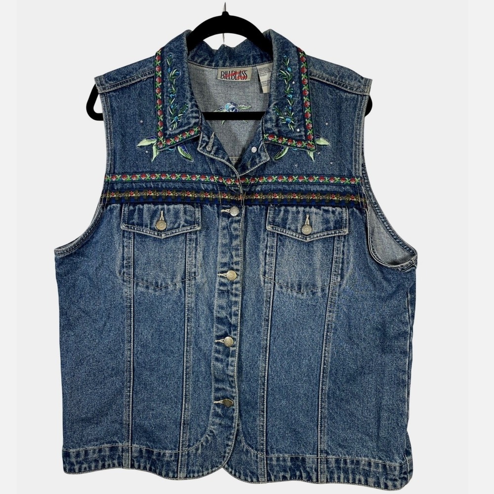 Bill Blass Jeans Women Vest 1X Denim Floral Embroidered Rhinestone‎ Embellished